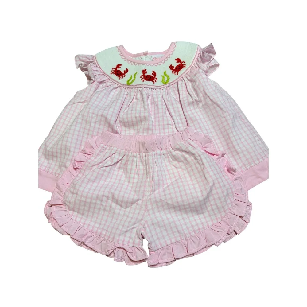 Stitchy Fish Girl Pink Gingham Smocked Crab Bishop Top & Bloomer Set 3T Nautical